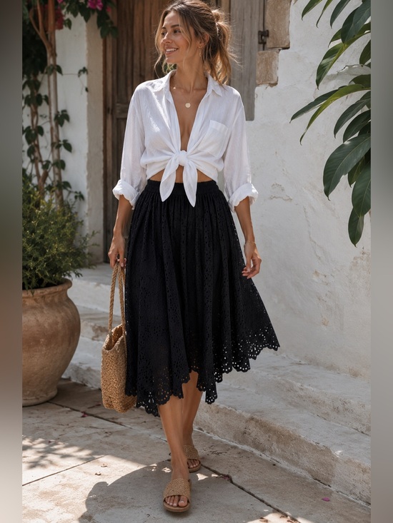Seafolly Dresses & Skirts - Seafolly Black Eyelet Broderie Anglaise Cotton Midi Skirt Asymmetrical Small
